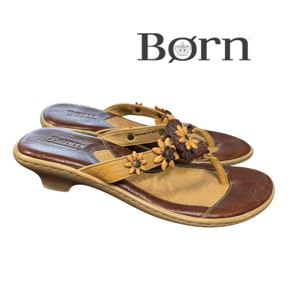Born Kamy Brown Tan Embellished Floral Leather Slide Thong Sandals 9